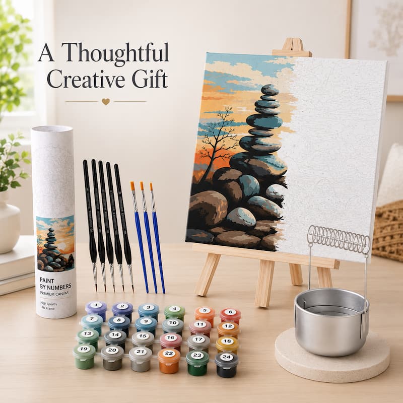 Paint By Numbers Deluxe Starter Bundle featuring a partially completed framed canvas, wooden tabletop easel, 24 acrylic paint pots, premium detail brushes, standard blue brushes, and brush holder cleaner combo arranged as a thoughtful creative gift set.