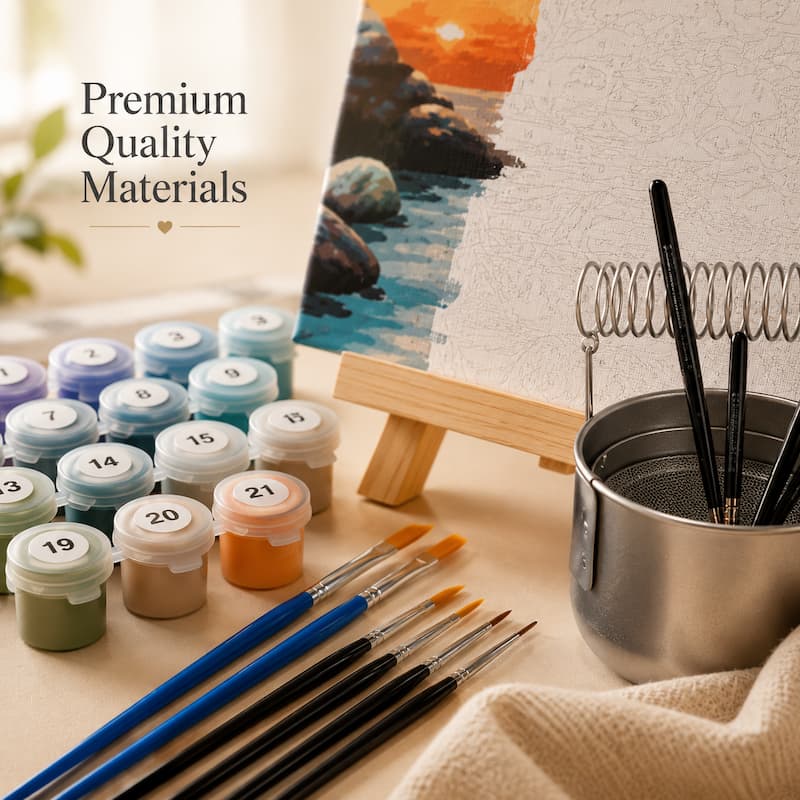 Close-up macro view of the Paint By Numbers Deluxe Starter Bundle showcasing acrylic paint pots, premium detail brushes, framed canvas texture, wooden easel, and 2-in-1 brush cleaner holder.