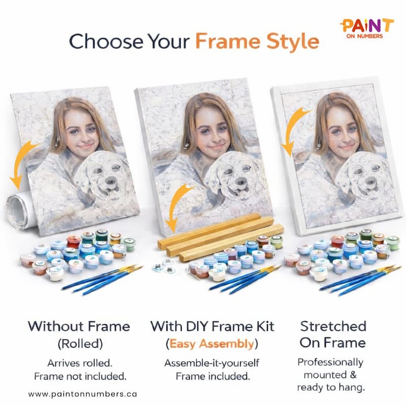 Product display of 'Paint on Numbers' with different frame options and supplies.