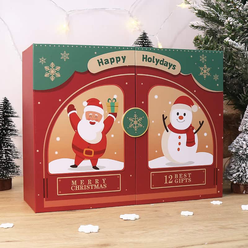 Closed red and green Christmas gift box featuring cheerful Santa and snowman illustrations with “Merry Christmas” and “12 Best Gifts” text, placed on a wooden surface with snowflake decorations and festive trees in the background.
