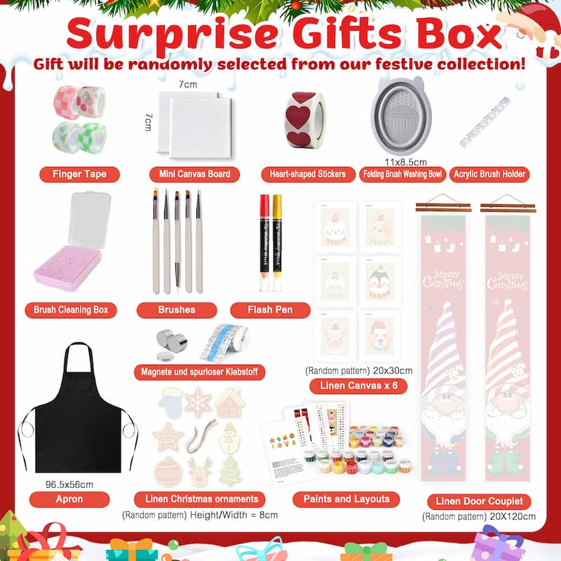 Infographic showing the contents of the Paint By Numbers Christmas Gift Box, including brushes, mini canvas boards, paints, apron, ornaments, flash pens, tapes, stickers, and linen scrolls, labeled as festive surprise gifts from the collection.
