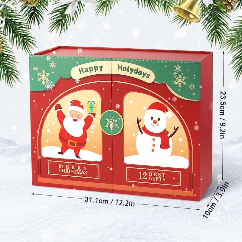 Christmas-themed art gift box featuring Santa and a snowman design with printed dimensions showing 31.1 cm width, 23.5 cm height, and 10 cm depth, surrounded by snow and festive pine branches with golden bells.