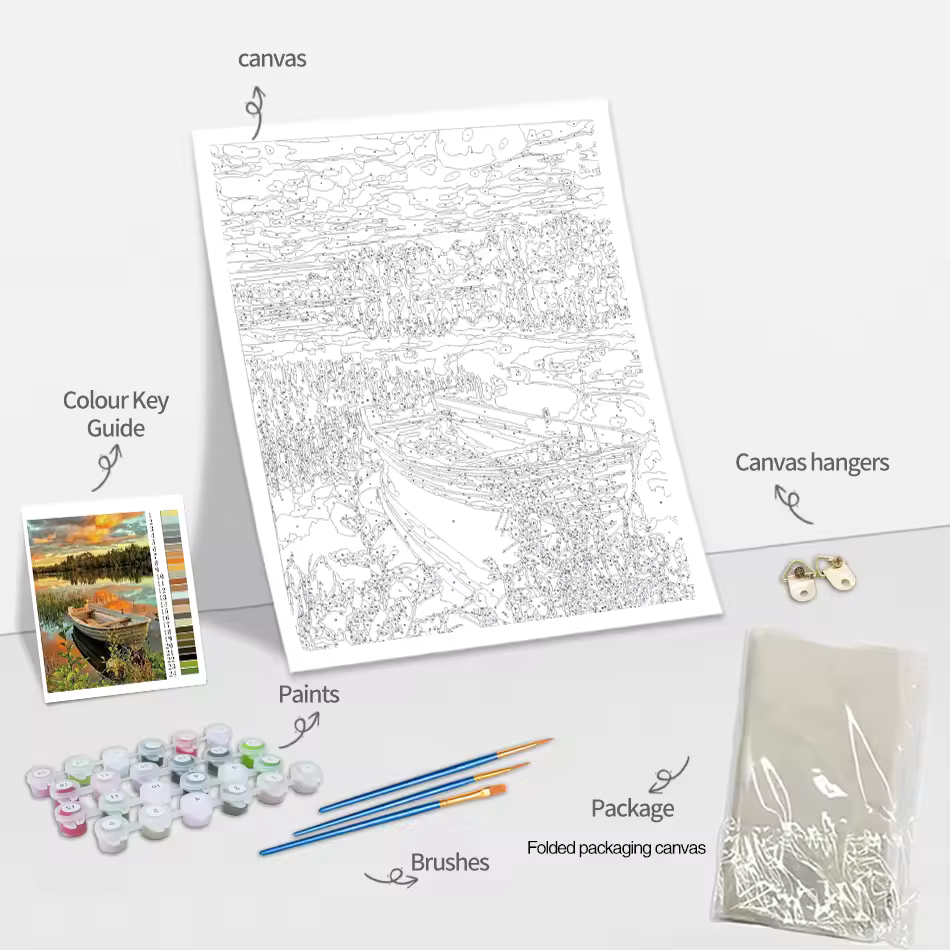 Complete Paint By Numbers Kit Canada – includes pre-printed canvas, acrylic paints, brushes, colour key guide, canvas hangers, and packaging
