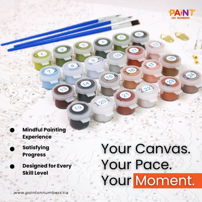 Complete paint by numbers kit featuring numbered acrylic paints, blue-handled brushes, and a printed canvas, highlighting a mindful and relaxing painting experience from Paint On Numbers Canada.