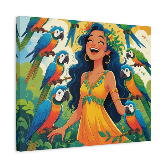 Colorful Paint By Numbers scene of a joyful girl in a yellow dress surrounded by blue and green parrots in a tropical jungle with golden skies shown in a frame