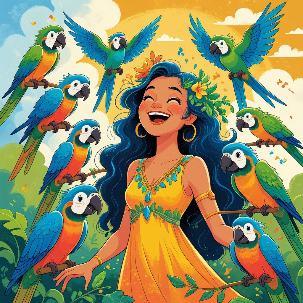 Colorful Paint By Numbers scene of a joyful girl in a yellow dress surrounded by blue and green parrots in a tropical jungle with golden skies.