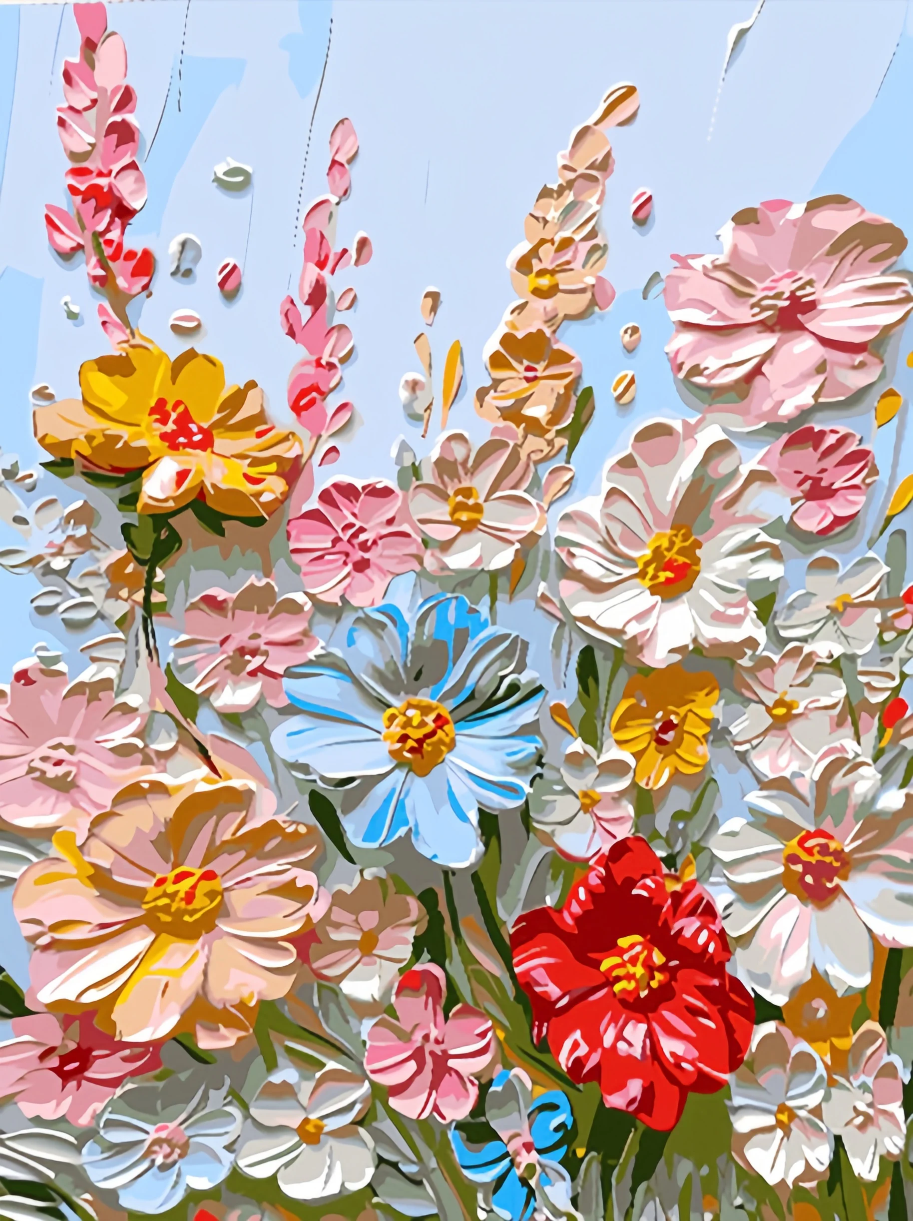 Pastel Garden Breeze Paint By Numbers kit featuring soft pink, white, yellow, blue, and red textured flowers blooming against a fresh pastel background, perfect for Canadian artists.