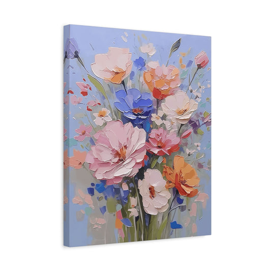 Pastel Petal Harmony 3D Flowers Paint By Numbers painting featuring sculpted petals in soft pink, cream, orange, and blue tones against a light blue background shown in a frame