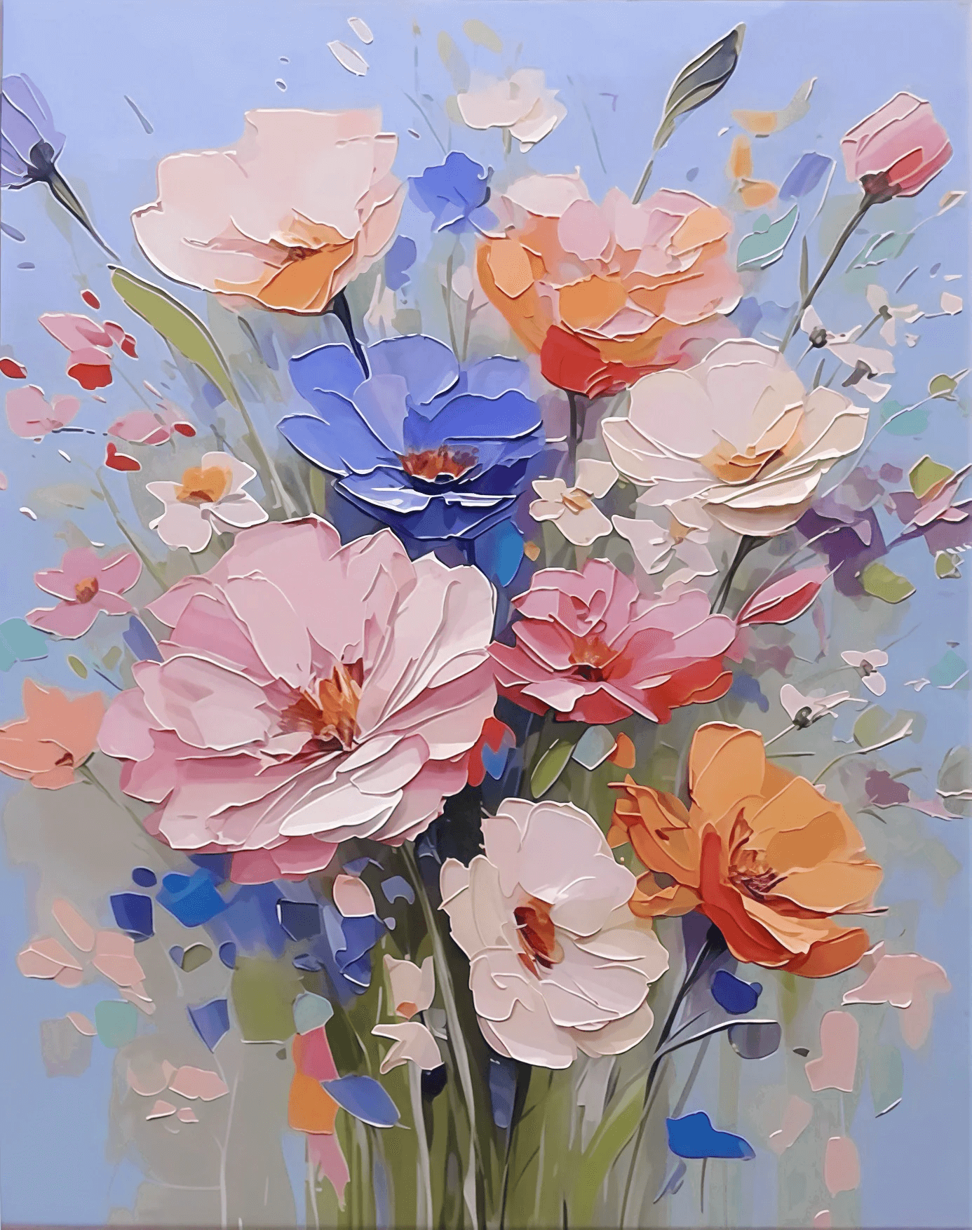 Pastel Petal Harmony 3D Flowers Paint By Numbers painting featuring sculpted petals in soft pink, cream, orange, and blue tones against a light blue background.