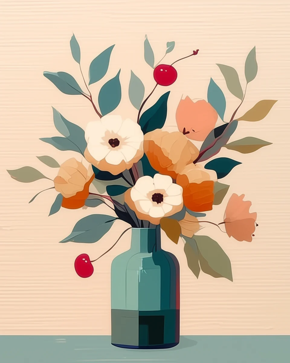Minimalist floral bouquet in a teal vase featuring pastel flowers, green leaves, and cherry accents designed for a calming Paint By Numbers experience in Canada