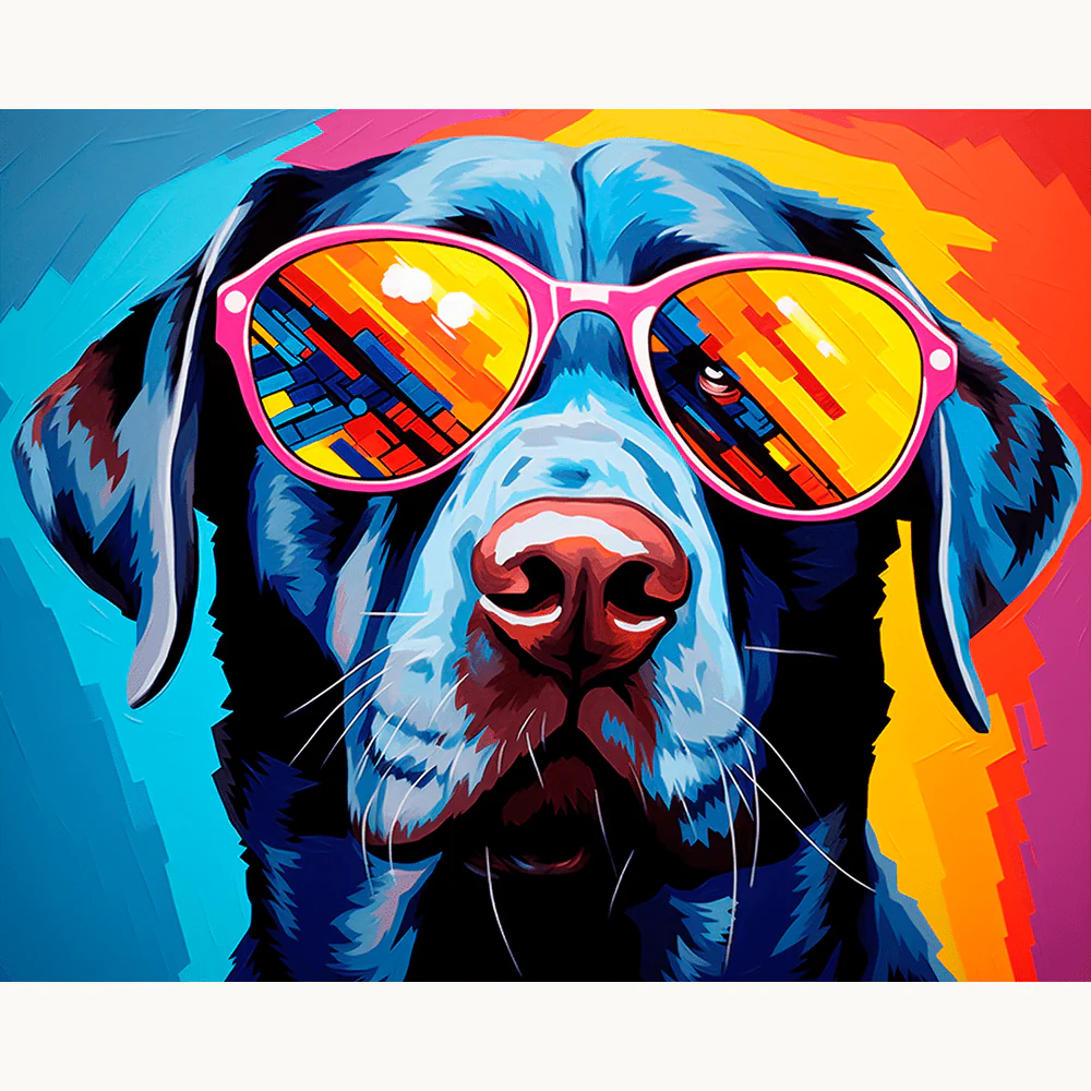 Paws & Shades Paint By Numbers showing a vibrant dog with reflective sunglasses in bold neon colors, perfect for pet lovers and pop art fans in Canada.