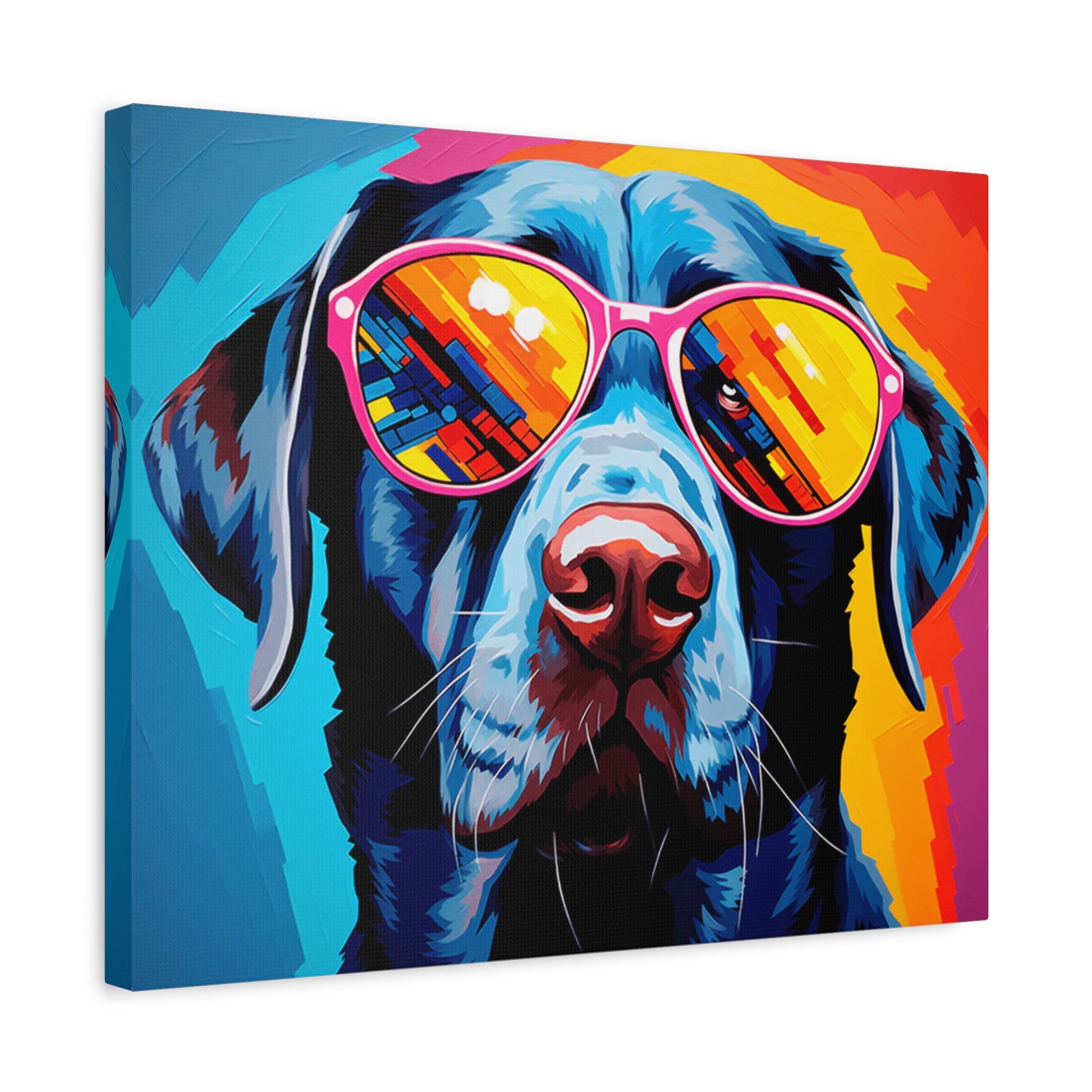 Paws & Shades Paint By Numbers showing a vibrant dog with reflective sunglasses in bold neon colors, perfect for pet lovers and pop art fans in Canada shown in a frame.
