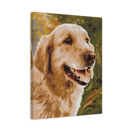 Golden retriever style dog in a colorful paint by numbers artwork shown in a frame