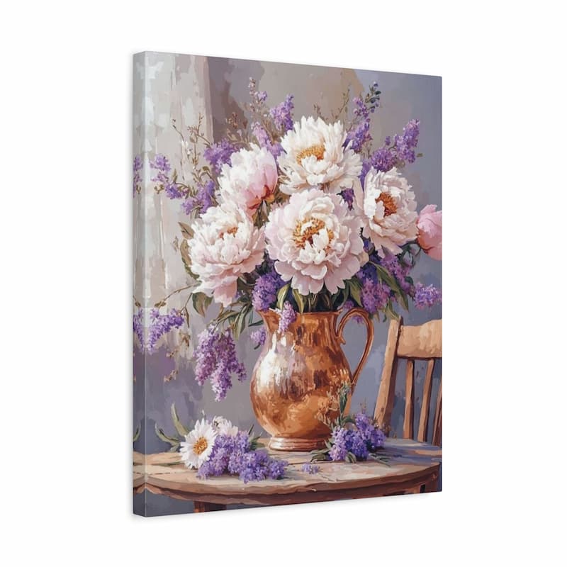 Canvas print of a still life scene with flowers and a copper pitcher on a table.