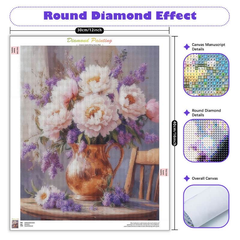 Diamond painting kit with a floral arrangement and diamond grid pattern