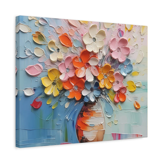 Petal Carnival Paint By Numbers kit featuring lively orange, yellow, pink, blue, white, and red 3D textured flowers arranged in a striped vase against a pastel colorful background, perfect for Canadian artists shown in a frame