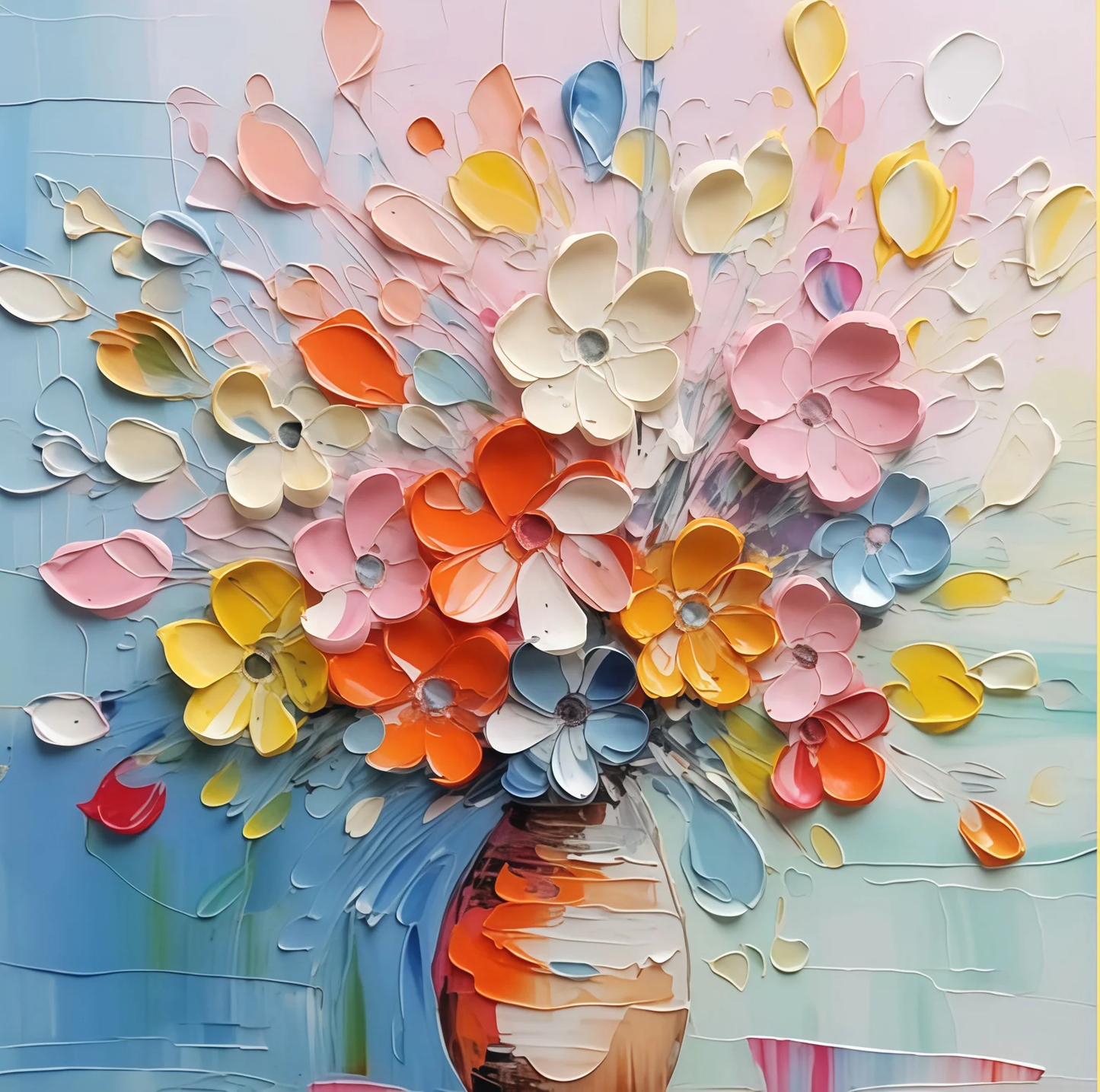 Petal Carnival Paint By Numbers kit featuring lively orange, yellow, pink, blue, white, and red 3D textured flowers arranged in a striped vase against a pastel colorful background, perfect for Canadian artists.