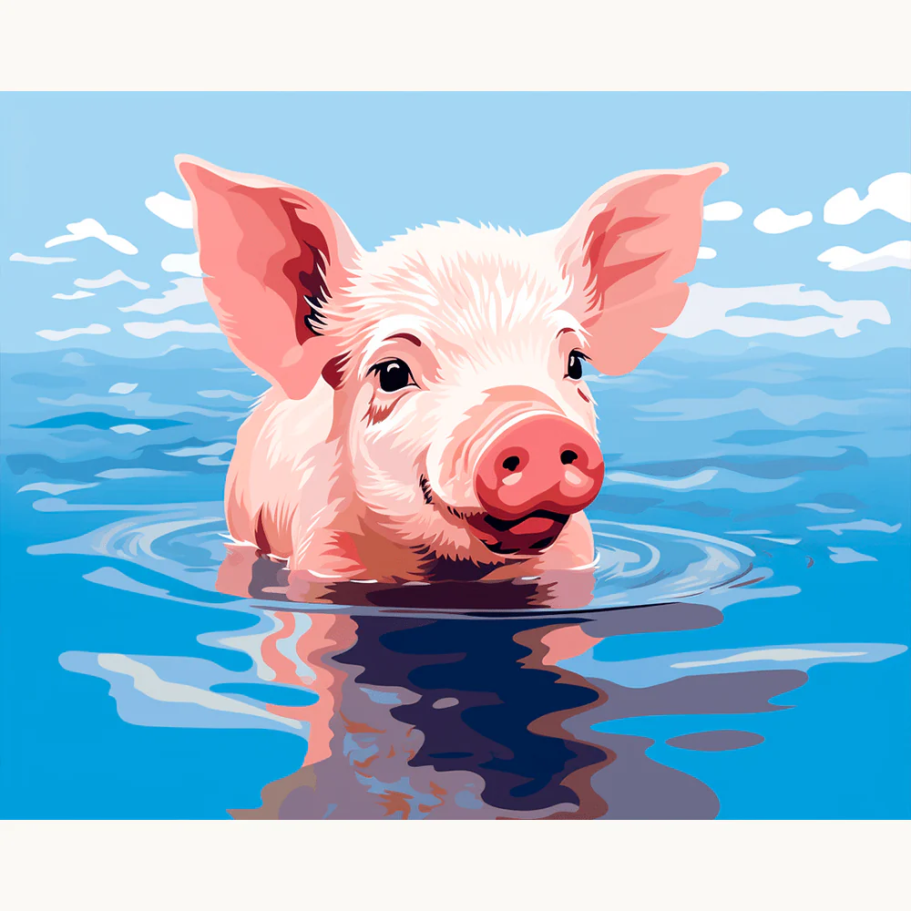 Piggy Splash Paint By Numbers painting featuring a happy pink pig swimming in clear blue water under a bright sky, radiating joy and playful charm.