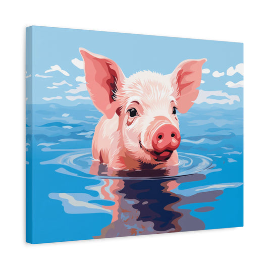 Piggy Splash Paint By Numbers painting featuring a happy pink pig swimming in clear blue water under a bright sky, radiating joy and playful charm shown in a frame