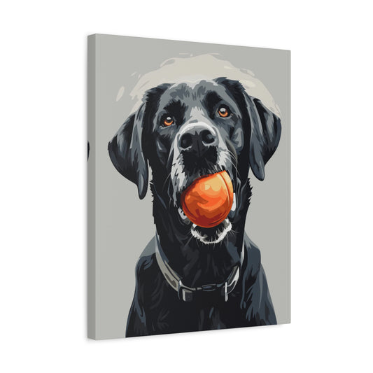 Black dog with orange ball in mouth featured in Playful Buddy Paint By Numbers kit for Canadian art lovers shown in a frame.