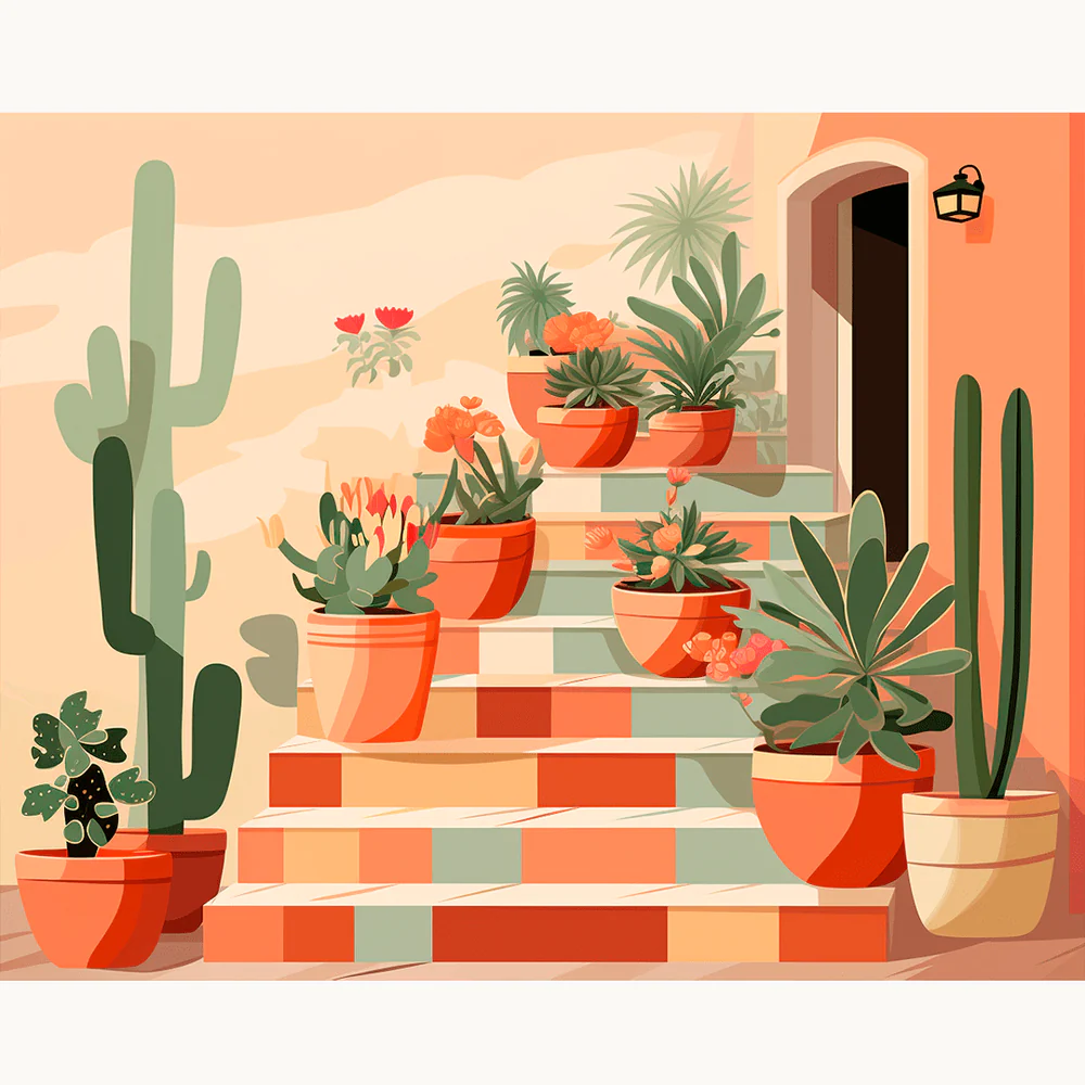 Potted Charm Paint By Numbers artwork featuring a staircase decorated with vibrant cacti and potted plants in a warm Mediterranean color palette
