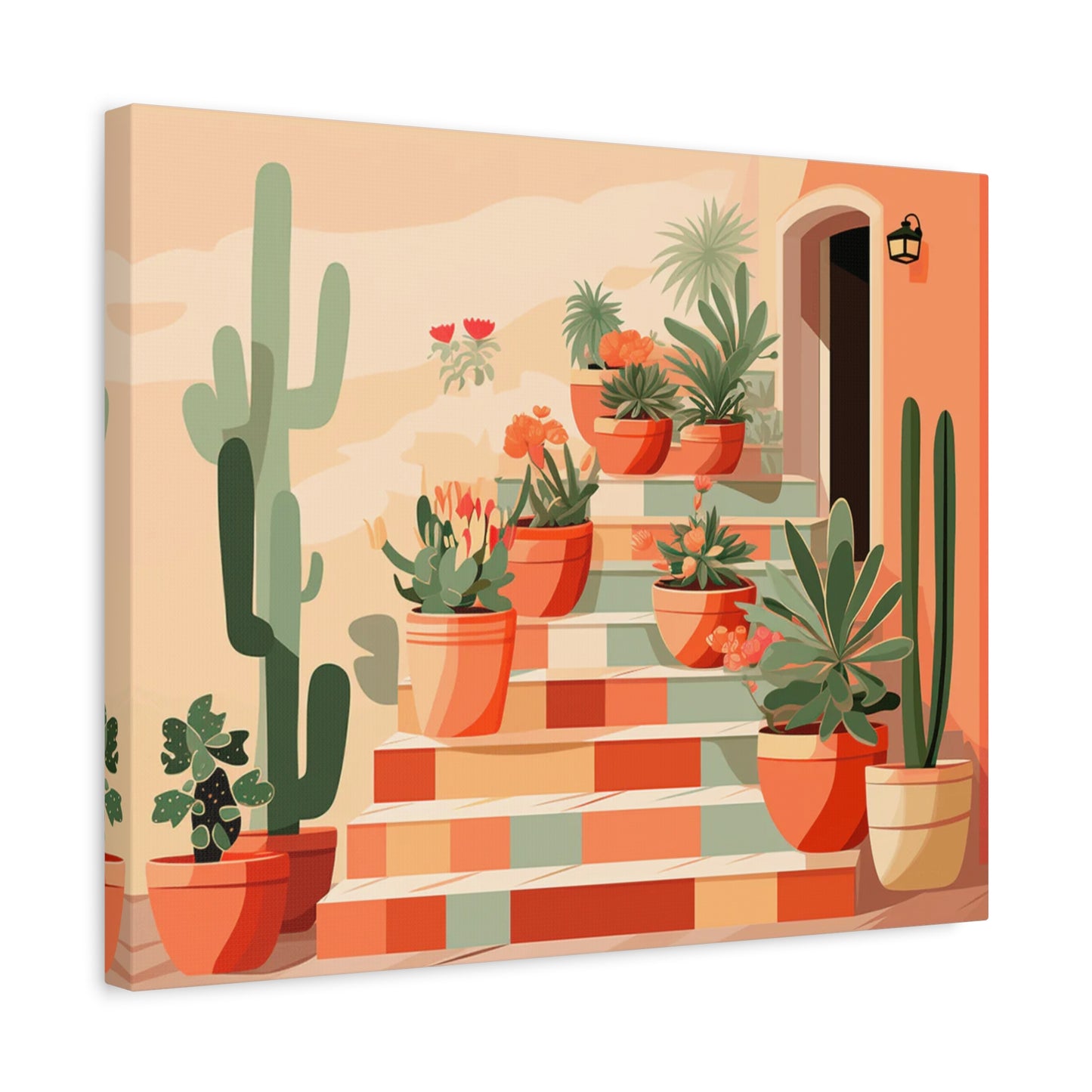Potted Charm Paint By Numbers artwork featuring a staircase decorated with vibrant cacti and potted plants in a warm Mediterranean color palette shown in a frame.