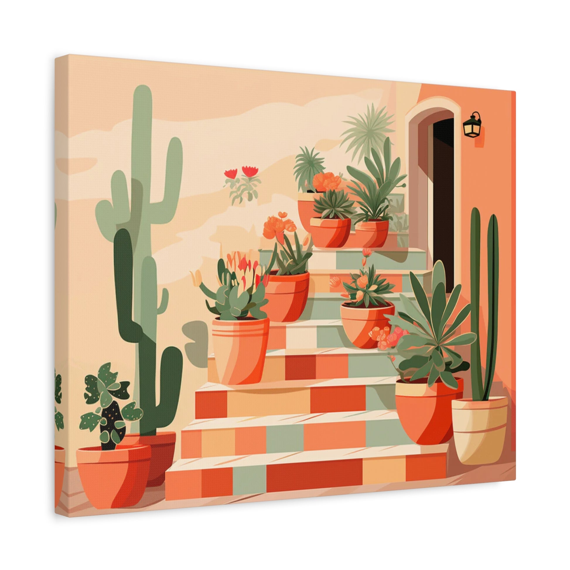 Potted Charm Paint By Numbers artwork featuring a staircase decorated with vibrant cacti and potted plants in a warm Mediterranean color palette shown in a frame.
