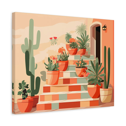 Potted Charm Paint By Numbers artwork featuring a staircase decorated with vibrant cacti and potted plants in a warm Mediterranean color palette shown in a frame.