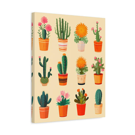 Potted Charms Paint By Numbers painting showing a colorful collection of cute cactus and succulent plants in orange and pink flower pots on a soft beige background shown in a frame