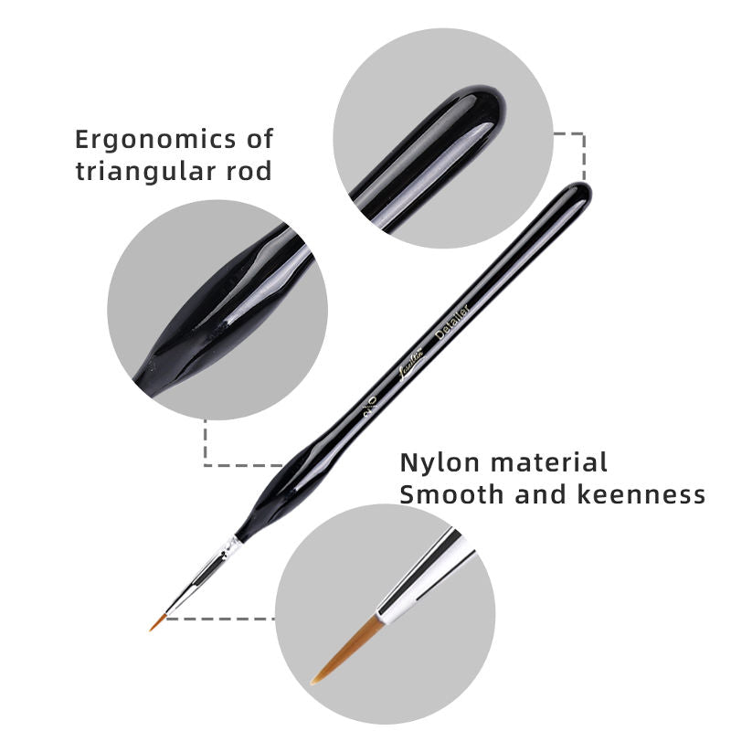 Black paintbrush with close-up details on ergonomic design and nylon material on a white background