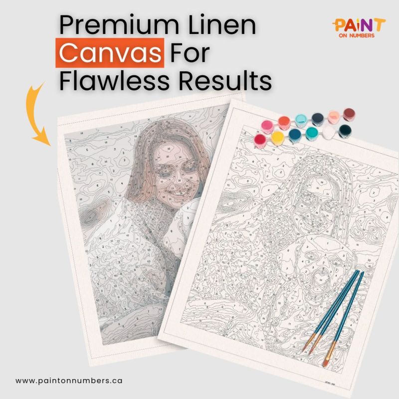 Premium linen paint by numbers canvas kits with detailed numbered outlines, paint pots, and brushes from Paint On Numbers Canada.