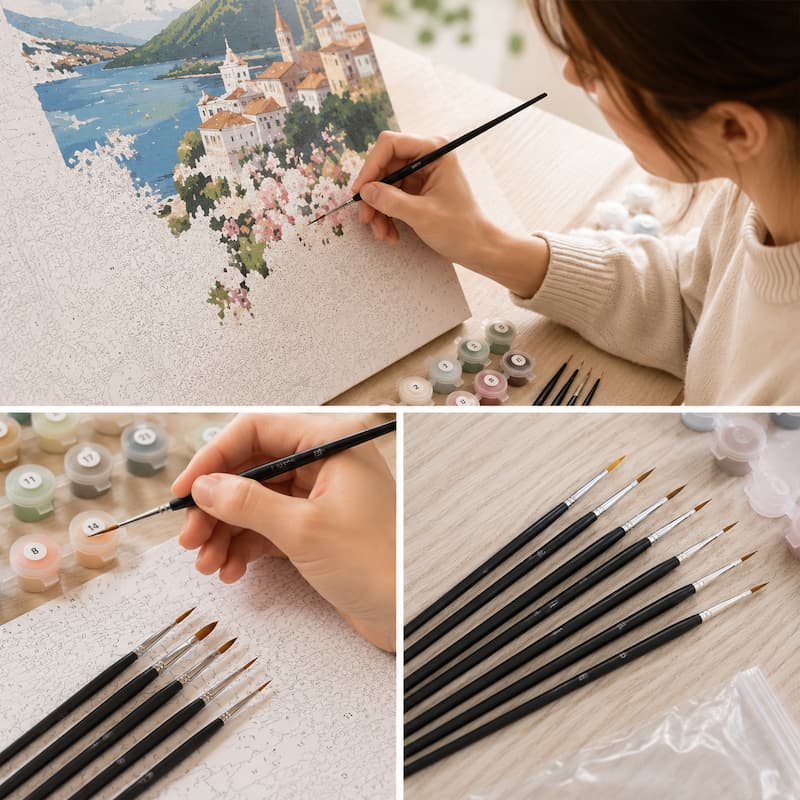 Collage of a person painting a scenic picture, close-up of paintbrushes, and set of paintbrushes on a table.