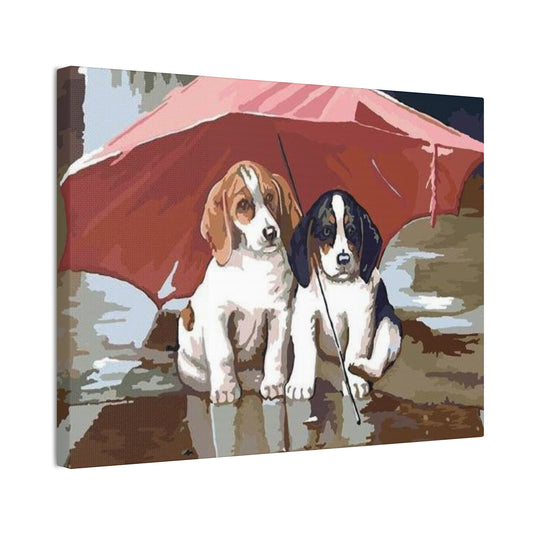 Puppies in Rain Paint By Numbers Kit featuring two adorable puppies sitting close together under a red umbrella on a rainy day — perfect for dog lovers shown in a frame.