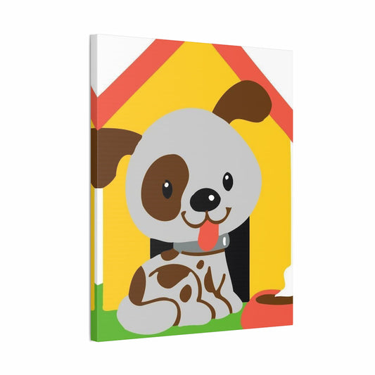 Cute kids paint by numbers of a smiling puppy with a doghouse and food bowl shown in a frame