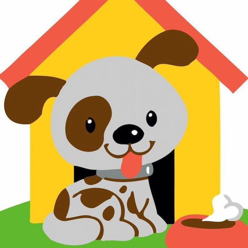 Cute kids paint by numbers of a smiling puppy with a doghouse and food bowl.
