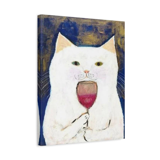 White cat holding a wine glass in a humorous and elegant pose – Purrfect Elegance Paint By Numbers Kit Canada shown in a frame
