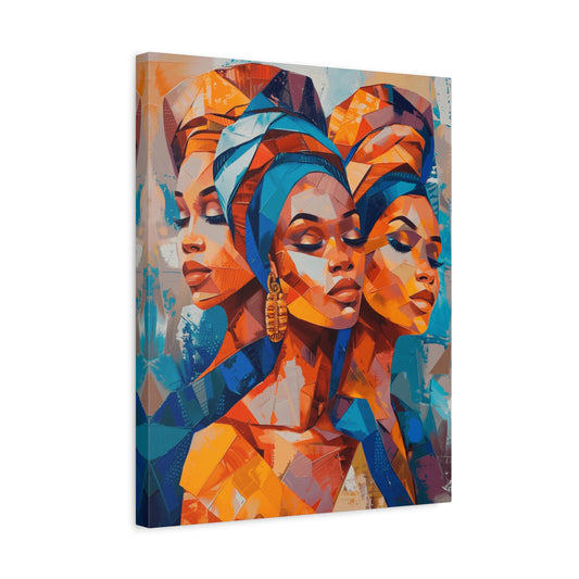 Queen Trio Paint By Numbers painting featuring three confident, abstract-style women with bold colors and regal headwraps in a vibrant portrait shown in a frame