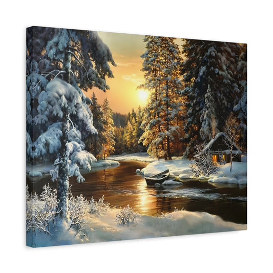 Peaceful snowy landscape with cabin, trees, and winter river at sunset – Radiance Over Winter's Embrace Paint By Numbers Canada shown in a frame