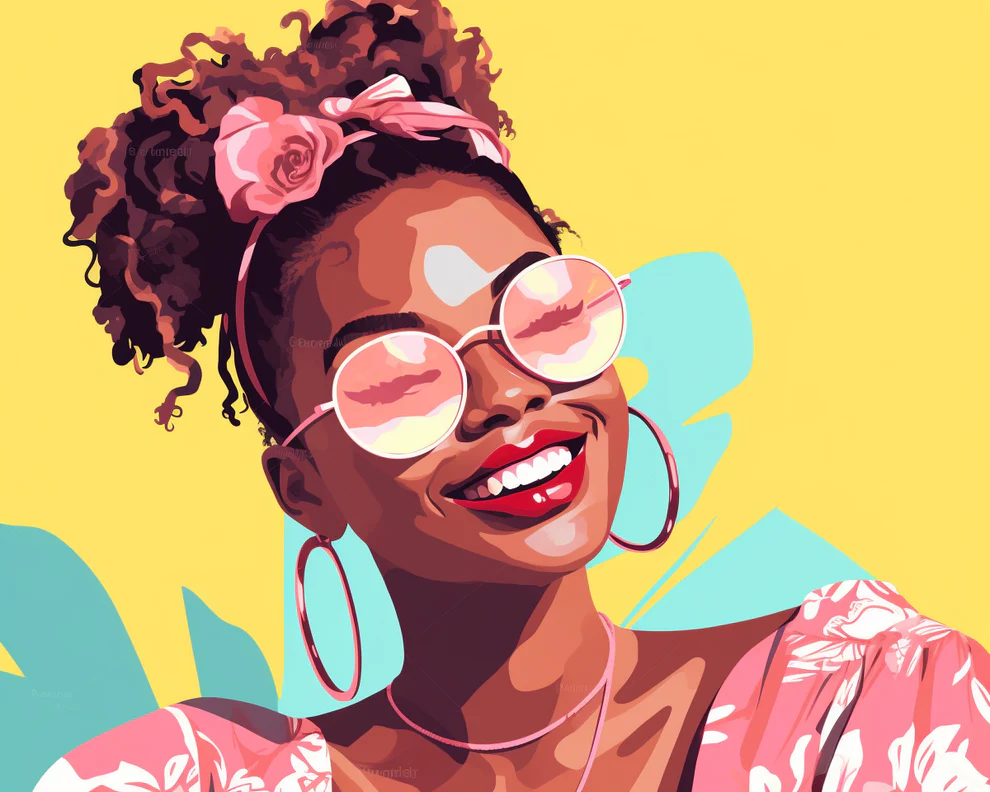 Radiant Joy Paint By Numbers showing a vibrant woman smiling in pink sunglasses and floral dress with a yellow background and bold colorful elements
