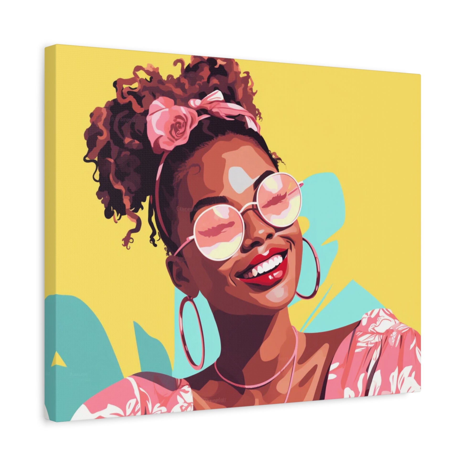 Radiant Joy Paint By Numbers showing a vibrant woman smiling in pink sunglasses and floral dress with a yellow background and bold colorful elements in a frame
