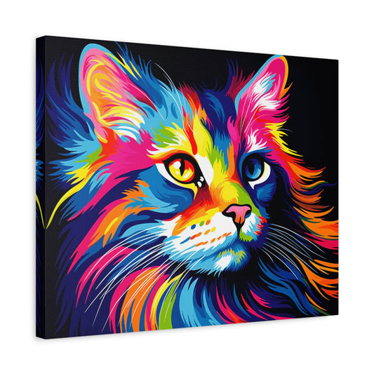 Radiant Whiskers Paint By Numbers painting featuring a colourful rainbow-style cat with vivid brush strokes and expressive eyes on a dark background shown in a frame.