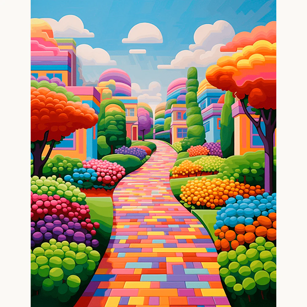 Rainbow Avenue Paint By Numbers scene featu.ring a vibrant brick path winding through whimsical gardens with colorful trees, bushes, and modern homes under a clear blue sky