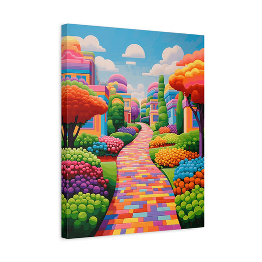Rainbow Avenue Paint By Numbers scene featuring a vibrant brick path winding through whimsical gardens with colorful trees, bushes, and modern homes under a clear blue sky shown in a frame