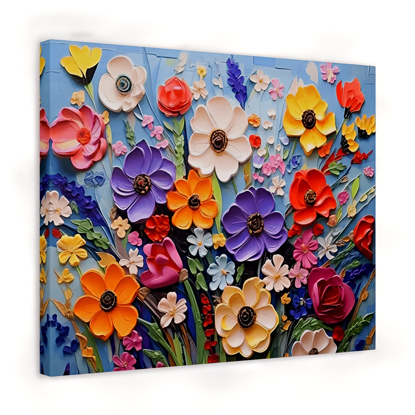 Rainbow Bloom Garden 3D Flowers Paint By Numbers painting featuring sculpted multi-coloured petals including red, purple, yellow, white, and pink flowers on a textured blue background in a frame.