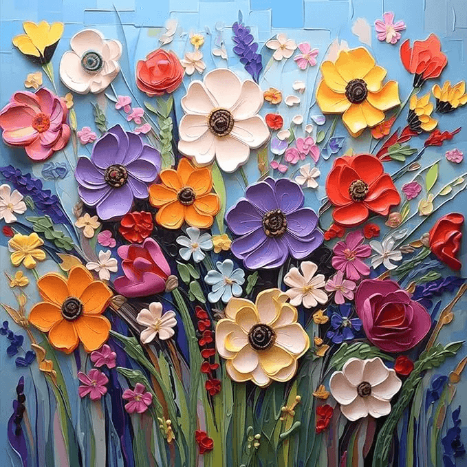 Rainbow Bloom Garden 3D Flowers Paint By Numbers painting featuring sculpted multi-coloured petals including red, purple, yellow, white, and pink flowers on a textured blue background.
