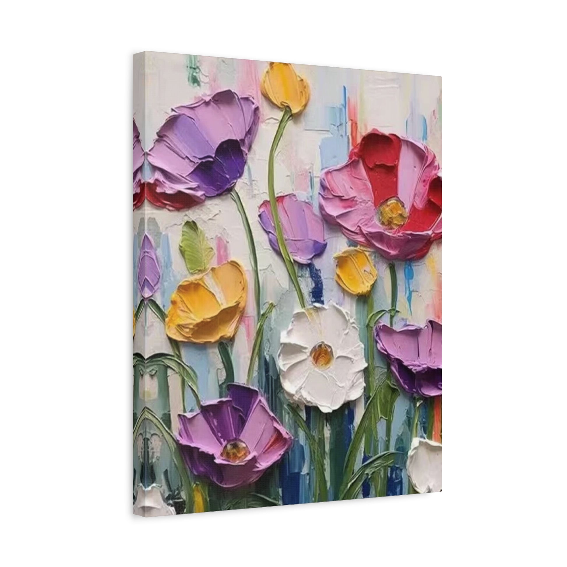 Rainbow Meadow 3D Flowers Paint By Numbers painting featuring sculpted red, purple, yellow, and white flowers with thick textured petals on a colourful abstract background shown in a frame