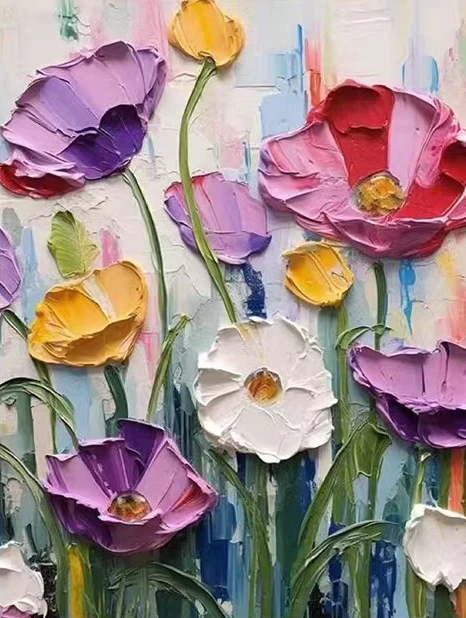 Rainbow Meadow 3D Flowers Paint By Numbers painting featuring sculpted red, purple, yellow, and white flowers with thick textured petals on a colourful abstract background.