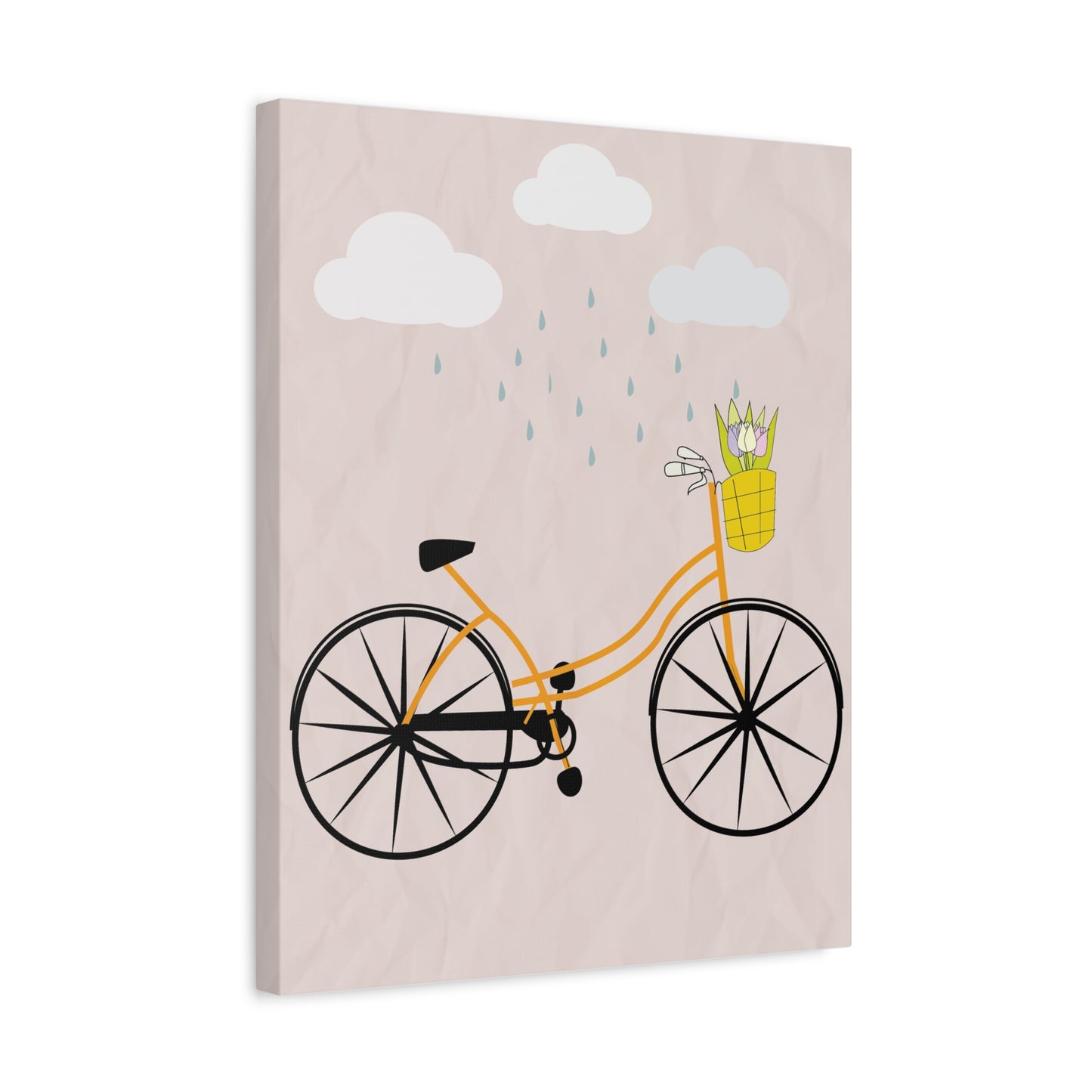 Charming Paint By Numbers artwork of a whimsical yellow bicycle with a flower basket under falling raindrops and clouds, perfect for Canadian springtime painting sessions in a frame.
