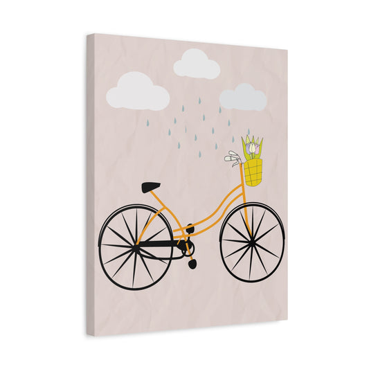 Charming Paint By Numbers artwork of a whimsical yellow bicycle with a flower basket under falling raindrops and clouds, perfect for Canadian springtime painting sessions in a frame.
