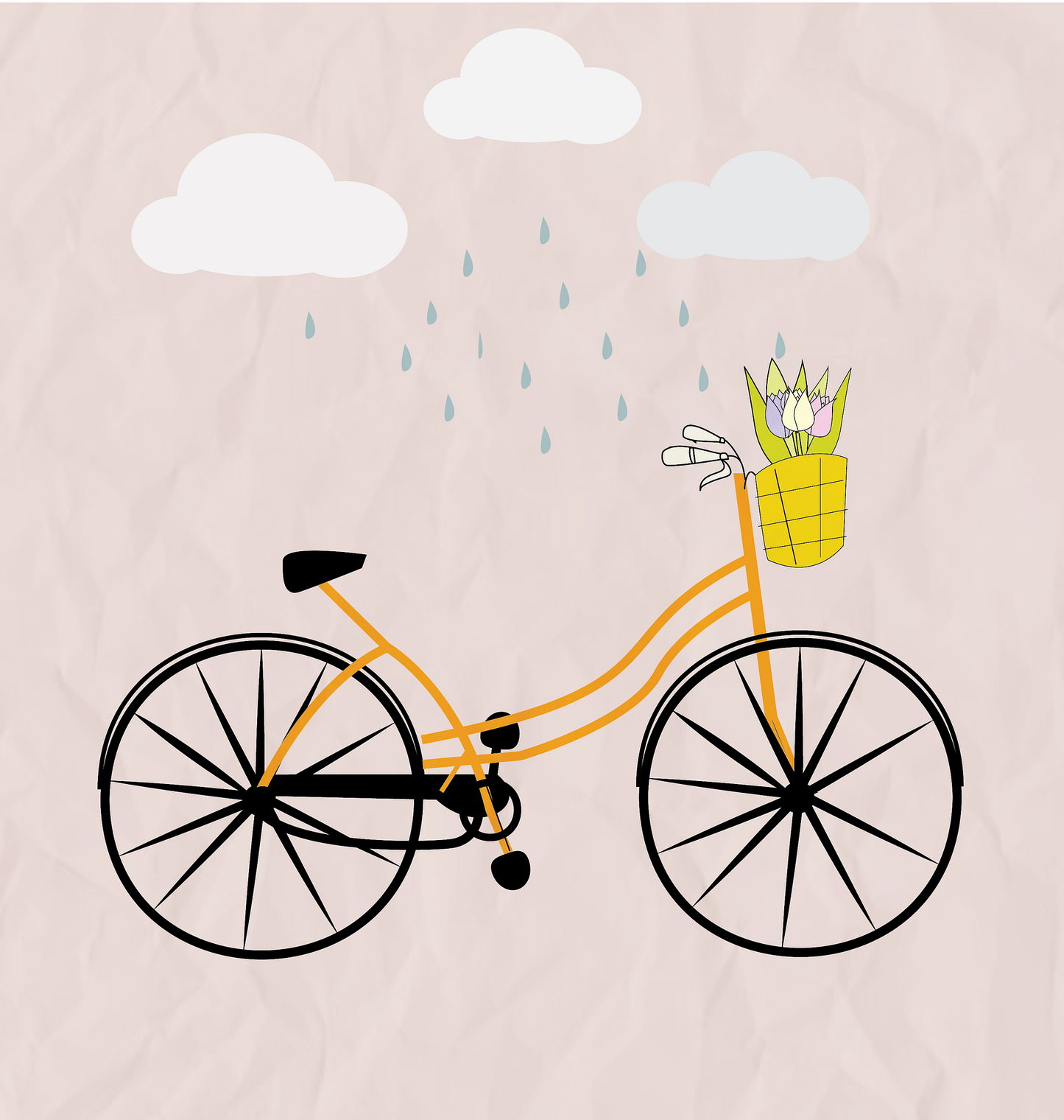 Charming Paint By Numbers artwork of a whimsical yellow bicycle with a flower basket under falling raindrops and clouds, perfect for Canadian springtime painting sessions.